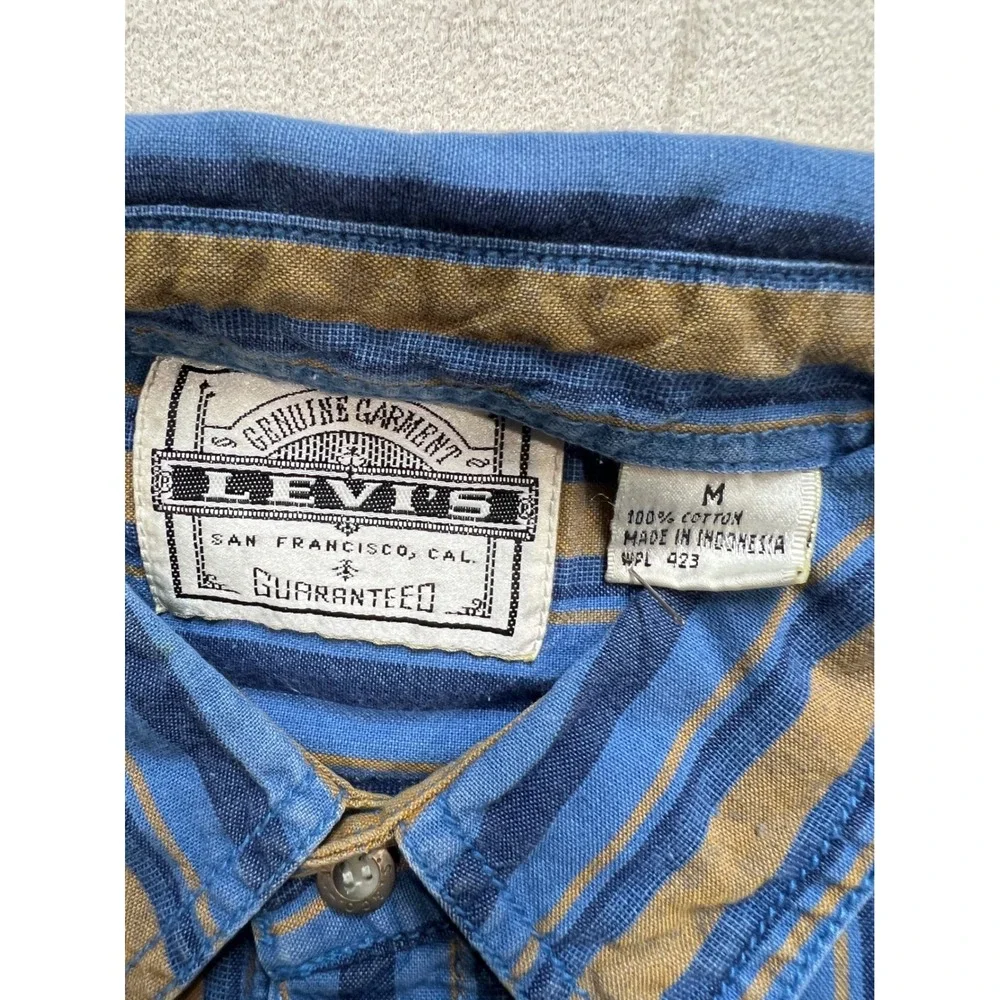Levis Mens Short Sleeve Button Down Striped Shirt Blue Tan Cotton 65079-8504 M